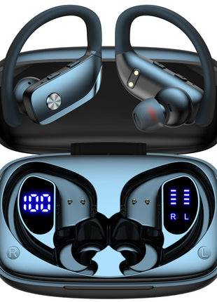 bmani Ear Buds Wireless Earbuds Bluetooth Headphones with 80H Playtime LED Display Case, Over-Ear Hook with Mic, Stereo Sound, Easy Button Controls, Sports Earphones for Running Workout Gym Black