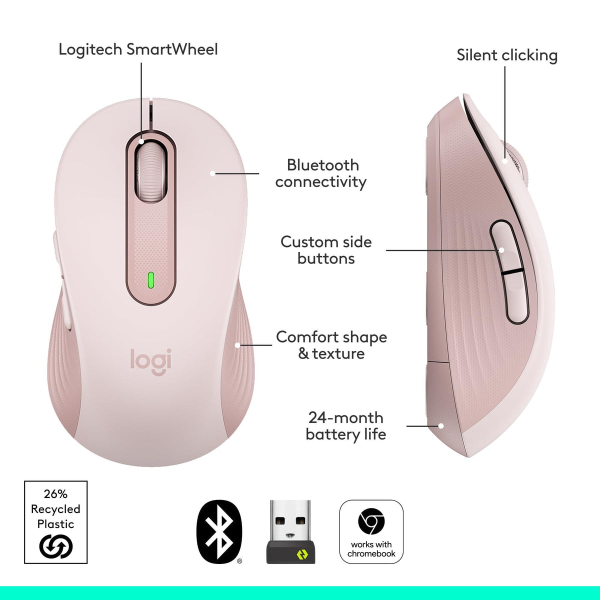 Logitech Wireless Mouse Signature M650- Small Hands, 2-Year Battery, Silent Clicks, Customizable Buttons, Bluetooth, PC/Mac/Chromebook - Rose, Right-Handed, Small-Medium