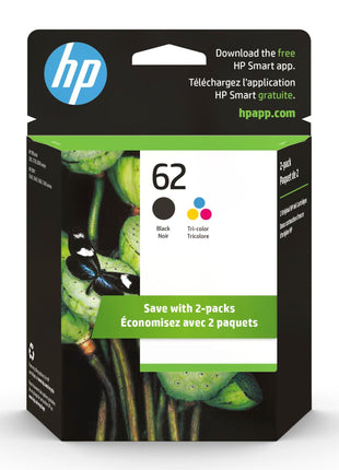 HP 62 Black/Tri-color Ink Cartridges for HP Printers (2-pack) | Works with Printer Series: ENVY 5540, 5640, 5660, 7640, OfficeJet 5740, 8040, OfficeJet Mobile 200, 250 | N9H64FN
