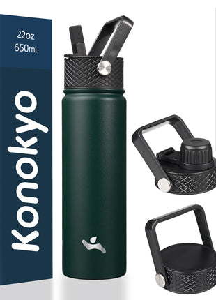 Konokyo 22oz Stainless Steel Bottles with 3 Lids Sport Insulated Water Bottle,Army Green