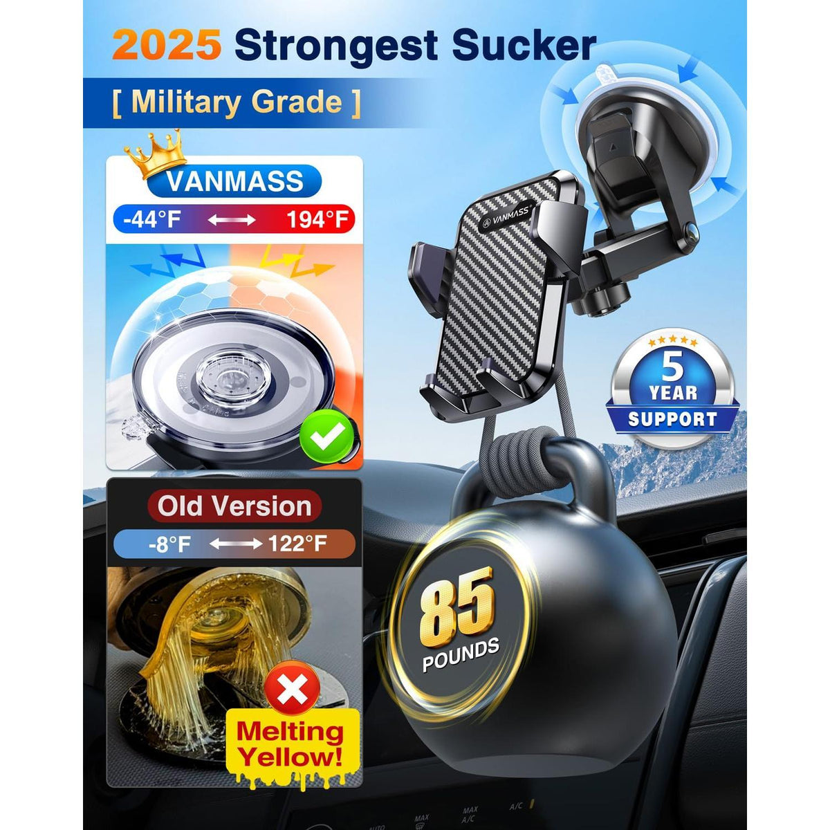 VANMASS 【85+LBS Strongest Suction & Military-Grade 2025 Ultimate Car Phone Mount【Patent & Safety Certs】 Cell Phone Holder Truck Desk for Dashboard Windshield Vent for iPhone 16 15 Pro Max 14 Samsung