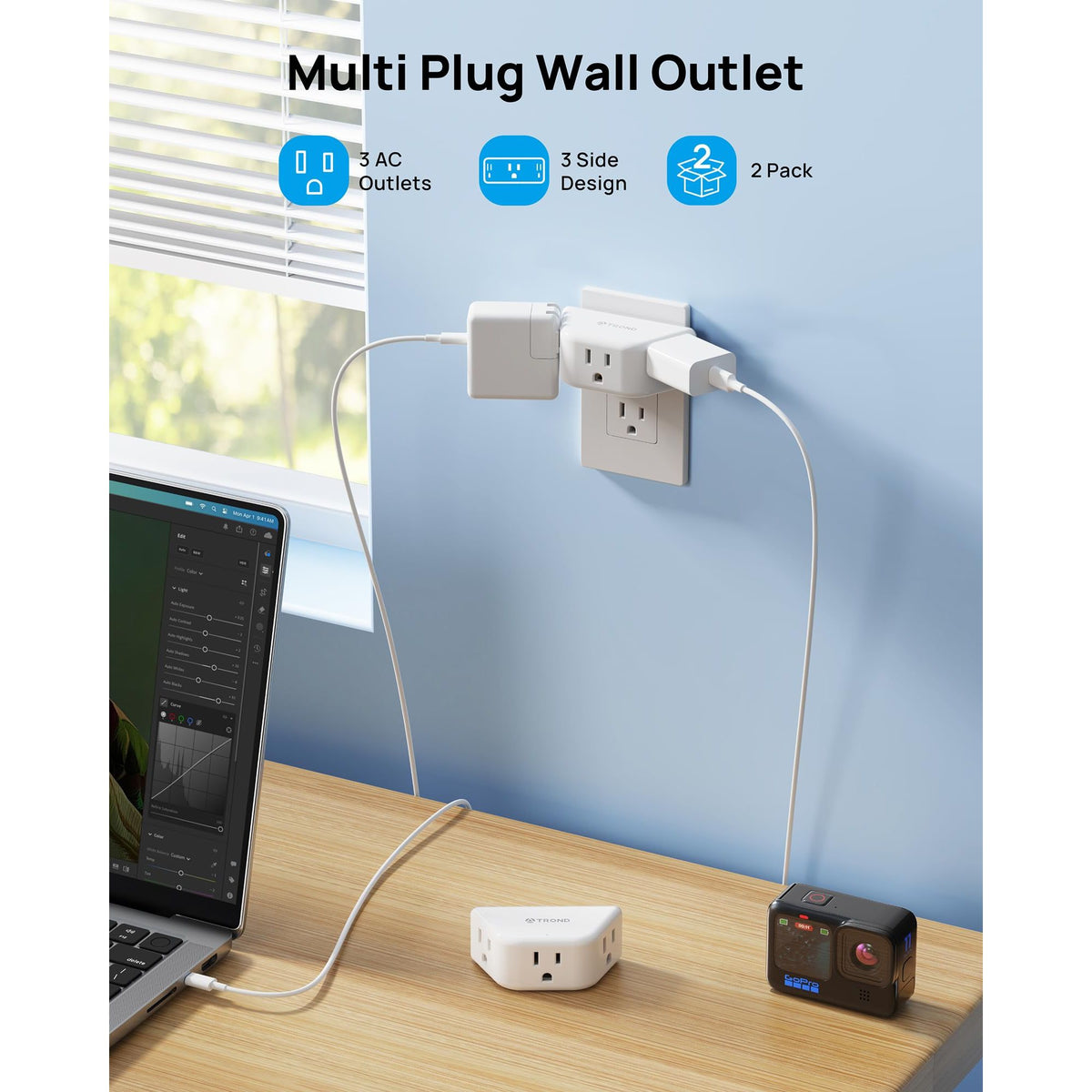 TROND Multi Plug Outlet Extender 2 Pack - Electrical Wall Splitter, 3 Way Angled Wall Outlet Adapter, Cruise Essentials, Small Multiple Plug Expander for Cruise Ship Home Office Dorm Room, White