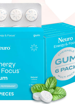 Neuro Energy & Focus Gum, Peppermint, 54 Count | 40mg Natural Caffeine Gum, 60mg L-Theanine, Vitamin B6 + B12, Sugar Free, Vegan, Clean Nootropic Energy & Focus Supplement