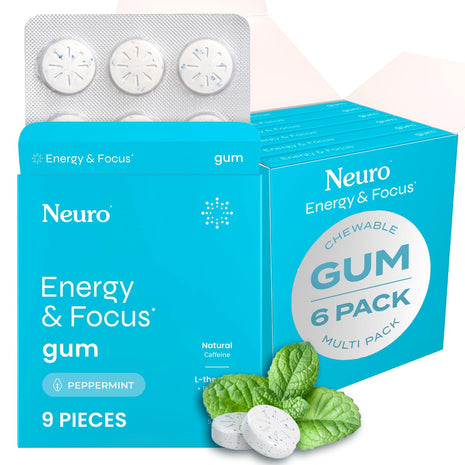 Neuro Energy & Focus Gum, Peppermint, 54 Count | 40mg Natural Caffeine Gum, 60mg L-Theanine, Vitamin B6 + B12, Sugar Free, Vegan, Clean Nootropic Energy & Focus Supplement