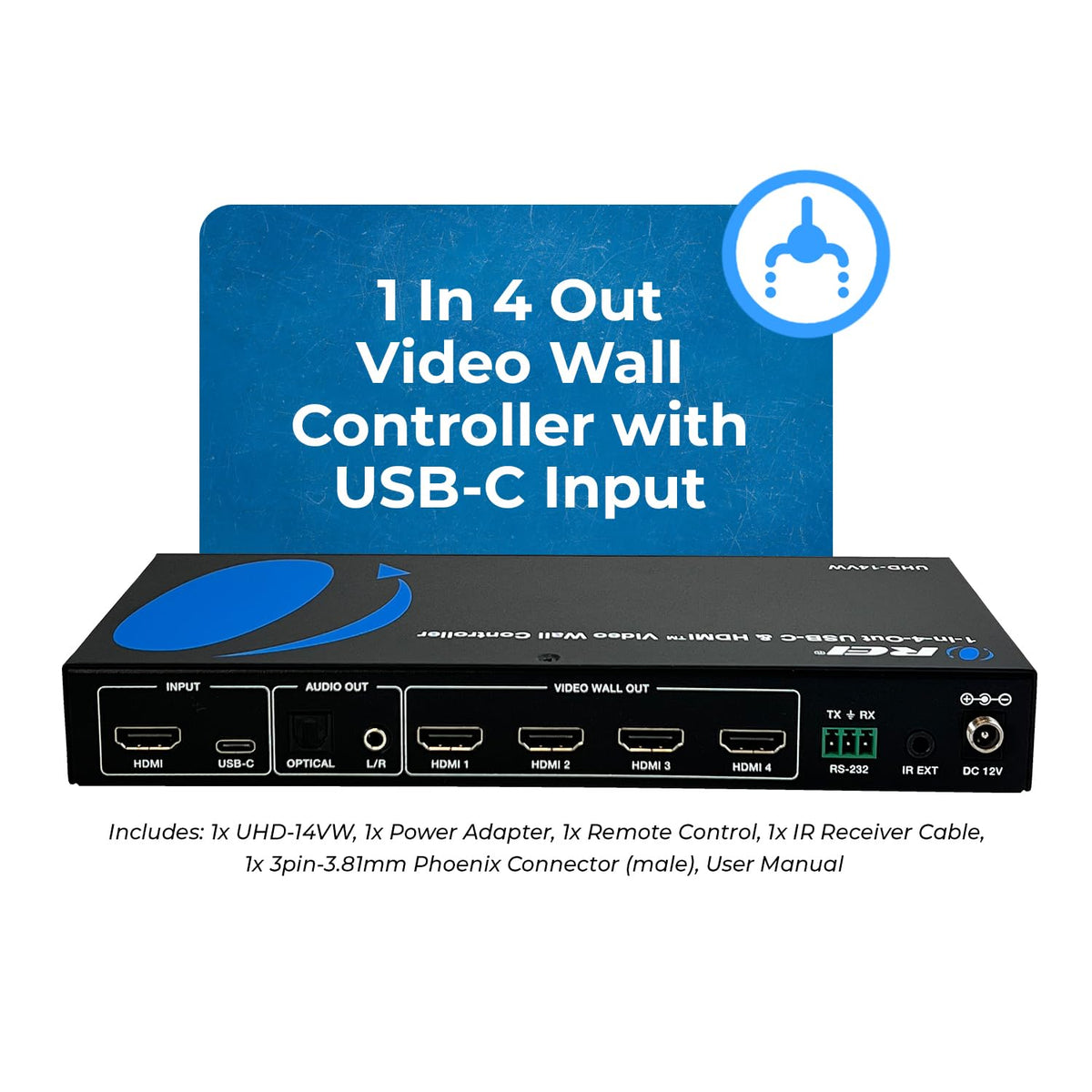 OREI 4K 2x2 Video Wall Controller with HDMI and USB-C inputs, 4K@60Hz Resolution | 180° Rotation, RS-232, and Audio Extraction