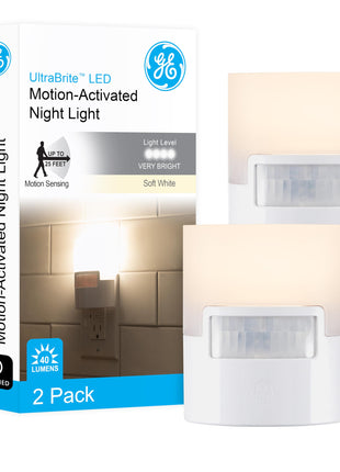 GE LED Motion Sensor Night Light, Plug into wall, 40 Lumens, Soft White, UL-Certified, Energy Efficient, Ideal Nightlight for Bedroom, Bathroom, Kitchen, Hallway, 46632, White, 2 Pack