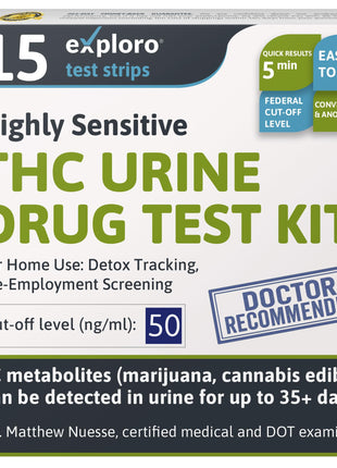 Exploro Highly Sensitive at Home Marijuana Drug Test Kit, THC Drug Test Kit Marijuana/Weed, THC Drug Test Urine, Easy Home Drug Test Marijuana/THC Substance Abuse, 15 THC Test Strips/Sticks, 50 ng/ml