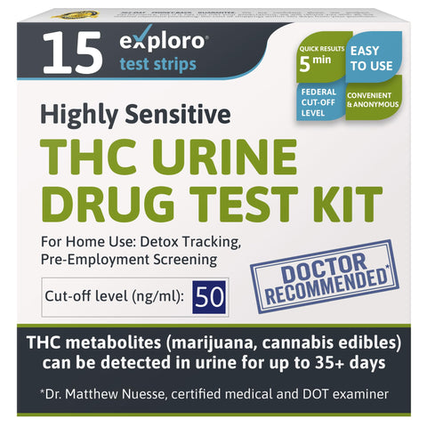 Exploro Highly Sensitive at Home Marijuana Drug Test Kit, THC Drug Test Kit Marijuana/Weed, THC Drug Test Urine, Easy Home Drug Test Marijuana/THC Substance Abuse, 15 THC Test Strips/Sticks, 50 ng/ml