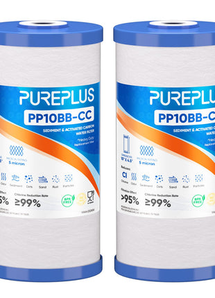 PUREPLUS 5 Micron 10" x 4.5" Whole House Sediment and Carbon Water Filter Replacement Cartridge for GE FXHTC, GXWH40L, GXWH35F, GNWH38S, Culligan RFC-BBSA, WRC25HD, PP10BB-CC, Pentek RFC-BB, 2Pack