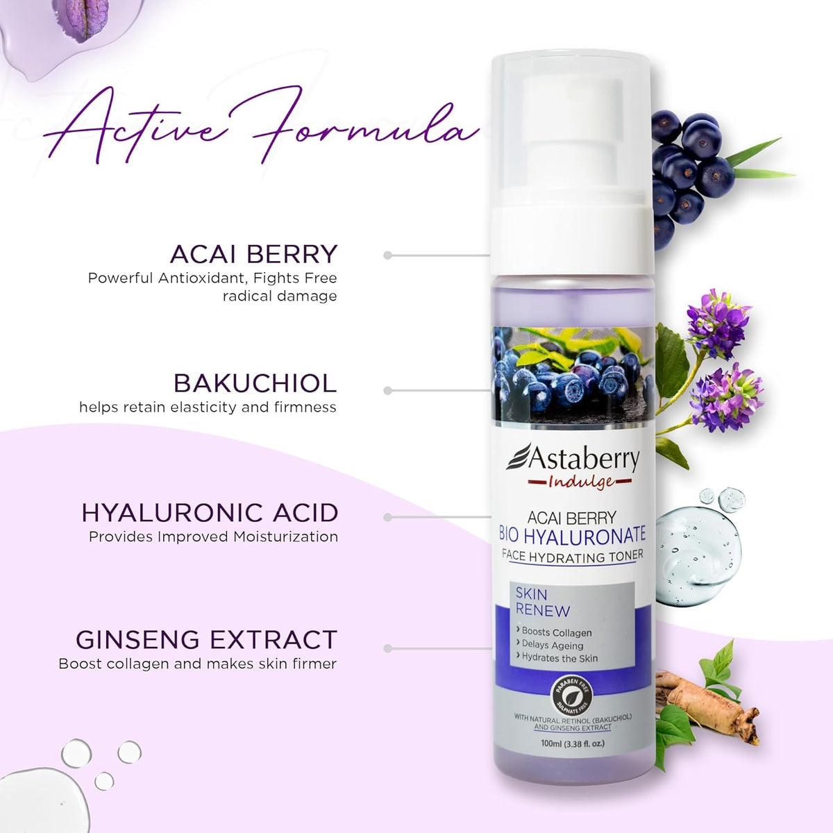 Astaberry Indulge Acai Berry Bio Hyaluronate Face Hydrating Toner 100ml - Boosts Collagen | Soothes and Clarifies | Hydrates the Skin