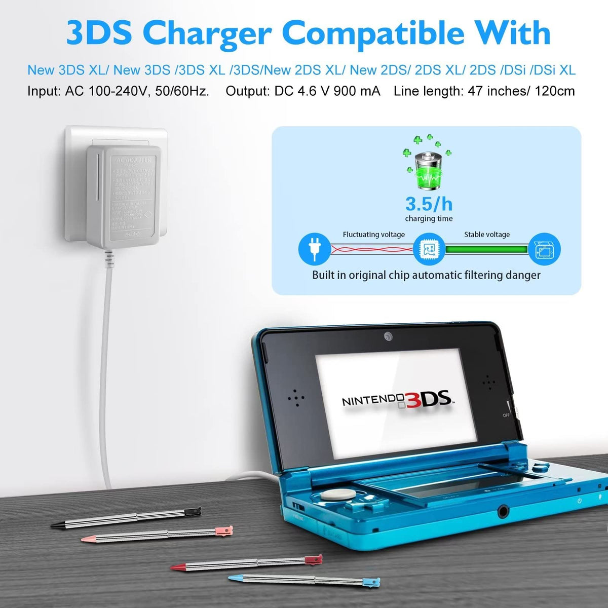 3DS Charger Kit Compatible with Nintendo 3DS/ New 3DS XL/DSi/DSi XL/2DS/ 2DS XL 100-240V Wall Plug Adapter with 4 Metal Retractable Stylus Pen for 3DS/3DS XL/3DS LL