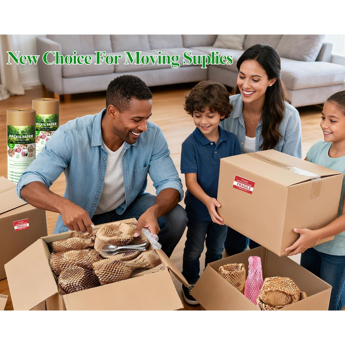Honeycomb Packing Paper,12" W x 200' L Bubble Cushioning Wrap for Moving,Products & Gifts Wrapping Paper,Recyclable and Biodegradable Cushioning Packing Material with 20 Fragile Sticker Labels