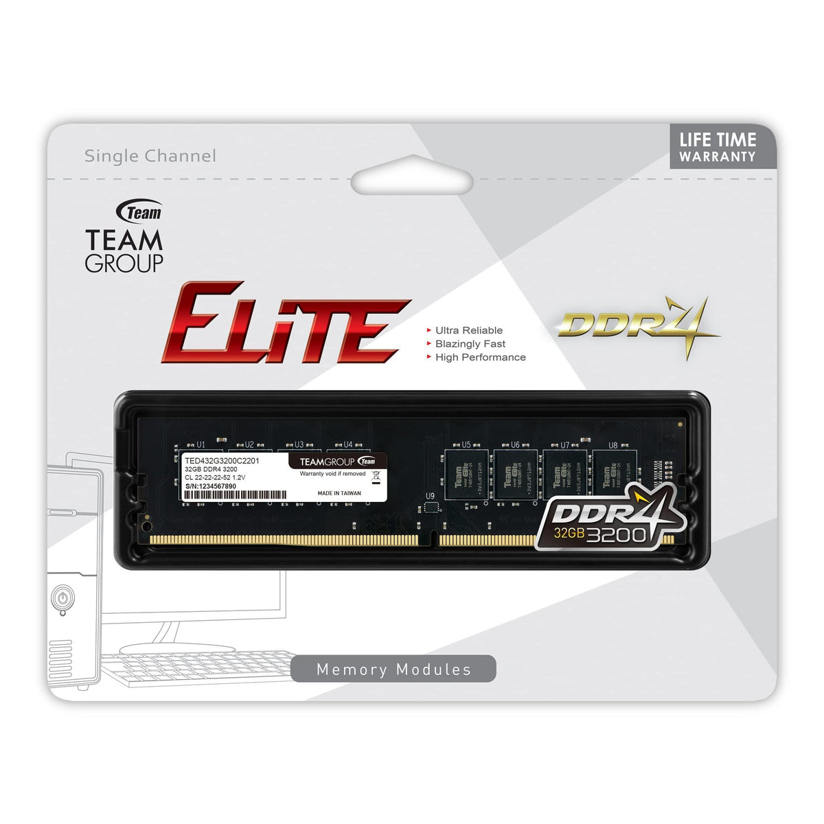 TEAMGROUP Elite DDR4 32GB Single (1 x 32GB) 3200MHz (PC4-25600) CL22 Unbuffered Non-ECC 1.2V UDIMM 288 Pin PC Computer Desktop Memory Module Ram Upgrade - TED432G3200C2201