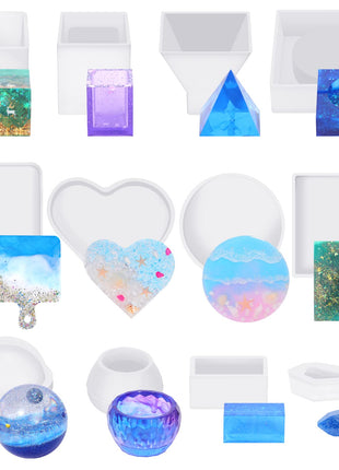 KISREL Resin Molds Kit 12PCS, Epoxy Resin Silicone Molds, Resin Mold Including Cube, Pen Container, Pyramid, Tray, Love, Round, Square, Ball, Flowerpot, Cuboid, Crystal