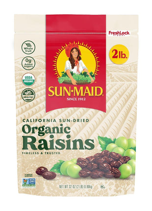 Sun-Maid Organic California Sun-Dried Raisins - 32 oz Resealable Bag - Organic Dried Fruit Snack for Lunches, Snacks, and Natural Sweeteners