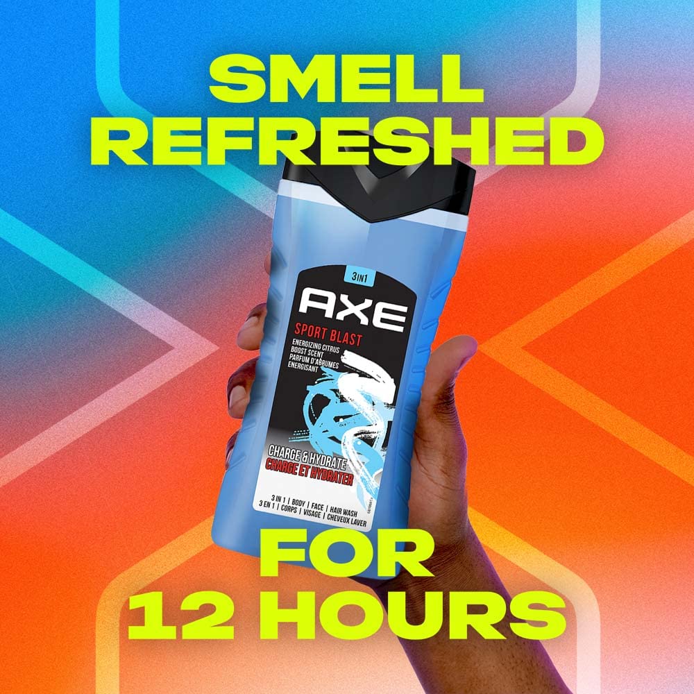 Axe Sports Blast 3 In 1 Body, Face & Hair Wash For Men, Long-Lasting Refreshing & Energizing Citrus Fragrance For Up To 12Hrs, Removes Odor & Bacteria, No Parabens, Dermatologically Tested, 250Ml