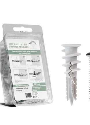 Reinforced Nylon 66 Drywall Anchors 90lb Limit, Self Drilling, Home Improvement Value Pack for Home Projects & Picture Hanging Kit, 25 Plastic Dry Wall Expansion Anchors and 25 Sheetrock Screws