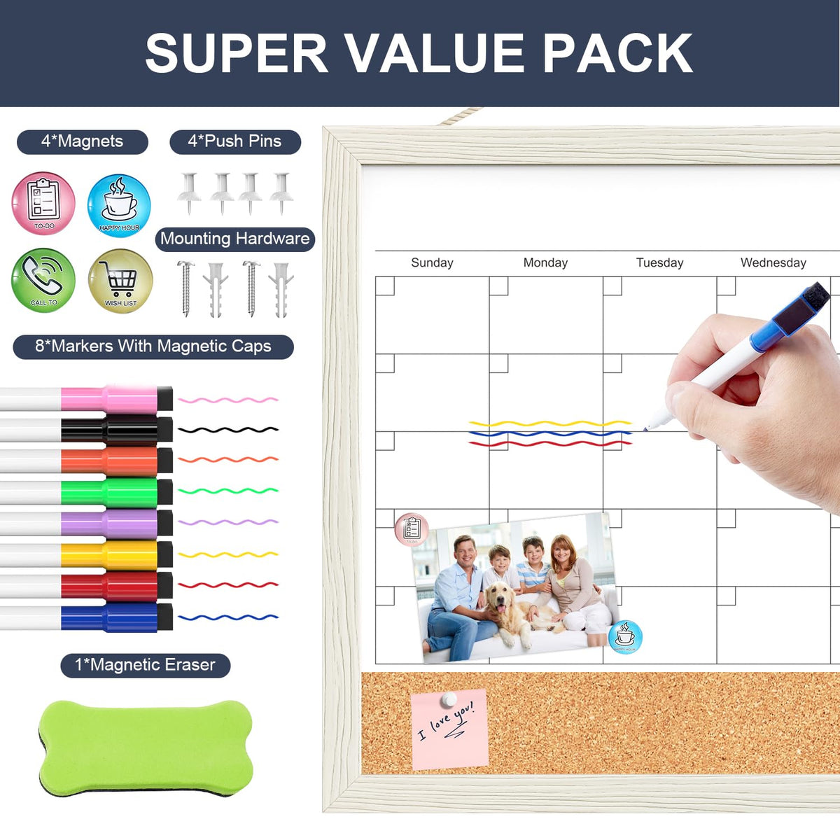 Calendar Whiteboard for Wall, TANKEE 17x13 Inches Whiteboard Calendar Cork Board Combo, Small Magnetic White Board with Wood Framed, Hanging Dry Erase Board for Kitchen Home Office School Planner