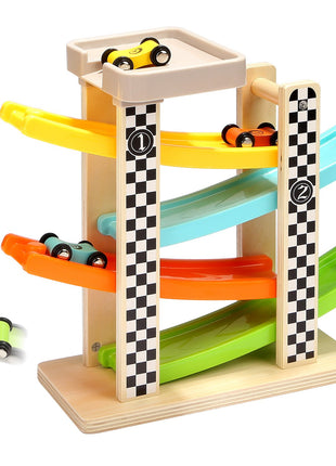 Toddler Toys for 1 2 Year Old Boy and Girl Gifts Wooden Race Track | Wooden ramp racer with 4 numbered mini cars and top parking; for indoor play, visual tracking, turn-taking, and repeat play