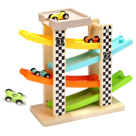 Toddler Toys for 1 2 Year Old Boy and Girl Gifts Wooden Race Track | Wooden ramp racer with 4 numbered mini cars and top parking; for indoor play, visual tracking, turn-taking, and repeat play