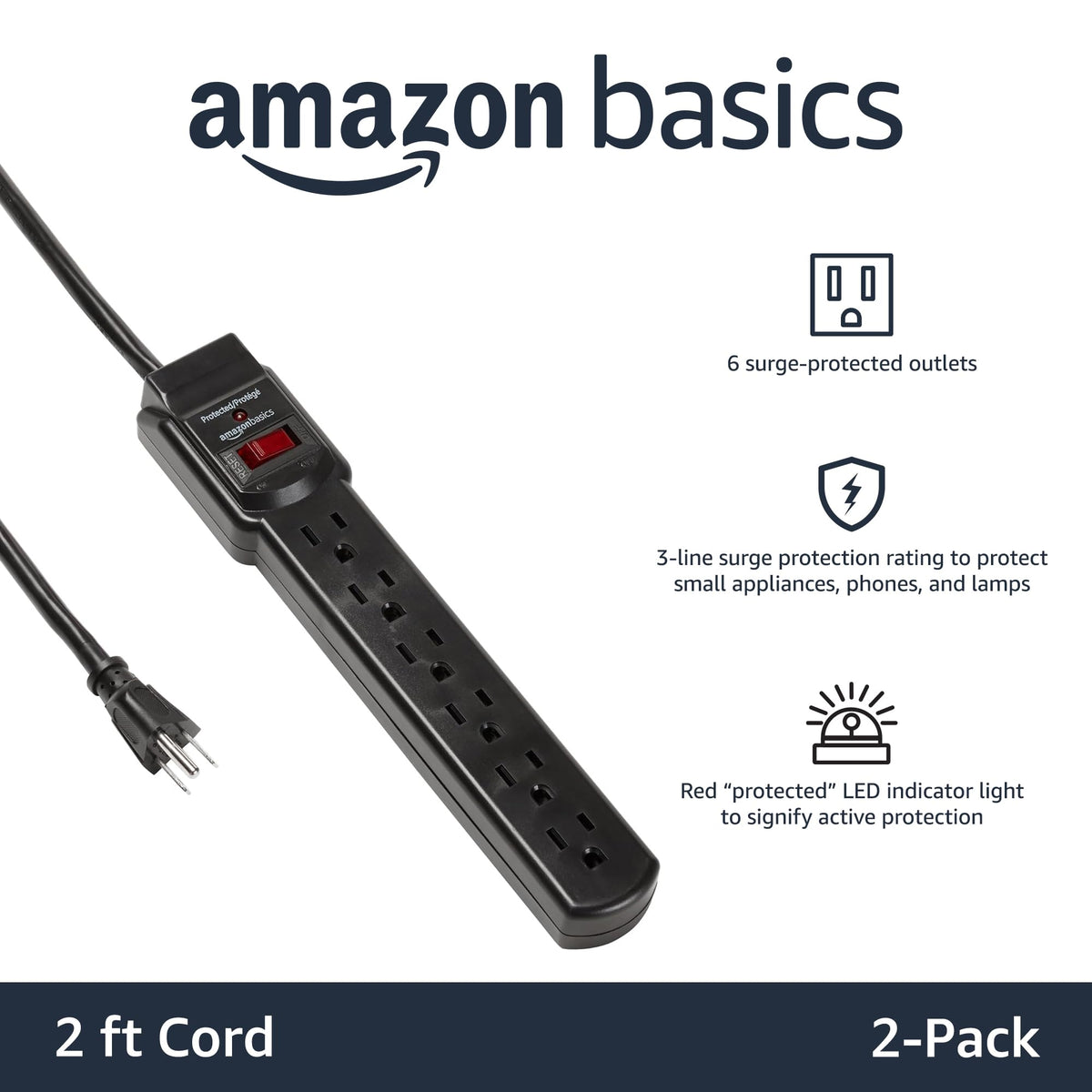 Amazon Basics Surge Protector Power Strip, 6-Outlet with 200J Protection, 2ft Extension Cord, Rectangle, Black (2 Pack)