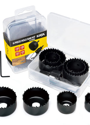 KATA 6PCS Hole Saw Kit 1-1/4 inch to 2-1/8 inch(32-54mm) Hole Saw Set in Case with Mandrels and Hex Key for Soft Wood, PVC Board, Plywood
