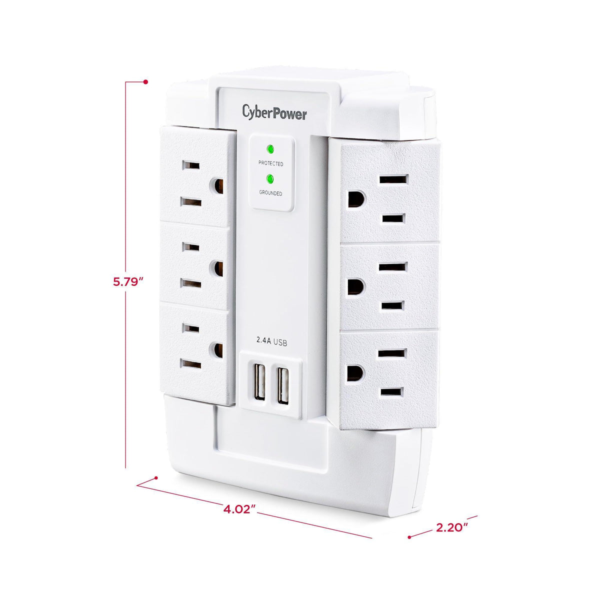 CyberPower CSP600WSURC2 Surge Protector, 1200J/125V, 6 Swivel Outlets, 2 USB Charging Ports, Wall Tap Design, White