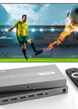 Video Wall Controller 2X2,JCHICI TV Wall Processor,4K x 2K HD Display,180 Degree Rotate,8 Splicing Modes 2x2,1x2,1x3,1x4,2x1,3x1,4x1,Input 4K and Output 1080P,Streaming Media Video Device