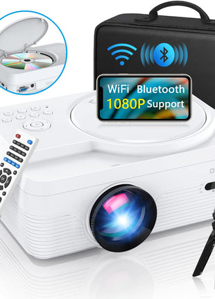 Full HD WiFi Bluetooth Projector Built in DVD Player, 12000LM 1080P Supported, Portable Mini DVD Projector for Outdoor Movies, 250" Home Theater, Compatible with iOS/Android/TV Stick/PS4/HDMI/USB/TF