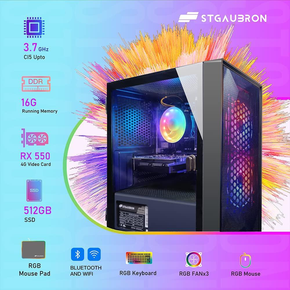 STGAubron Prebuilt Gaming PC Desktop, Radeon RX 550 4G GDDR5, Intel Core I5 up to 3.7GHz, 16G RAM, 512G SSD, WiFi, BT 5.0, RGB Fan x3, Windows 10 Home