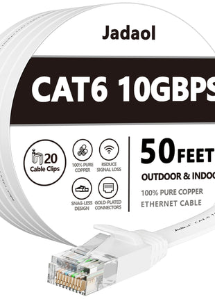Jadaol Cat 6 Ethernet Cable 50 ft, Outdoor & Indoor 10Gbps Support Cat8 Cat7 Network, Flat RJ45 Internet LAN Computer Patch Cable for Router, Modem, Switch, Gaming Consoles, Streaming Devices, White