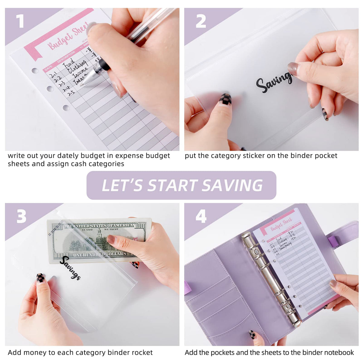 NICOOTHBudget Binder Cash Envelopes A6 Money Saving Binder with Zipper envelopes (Purple)