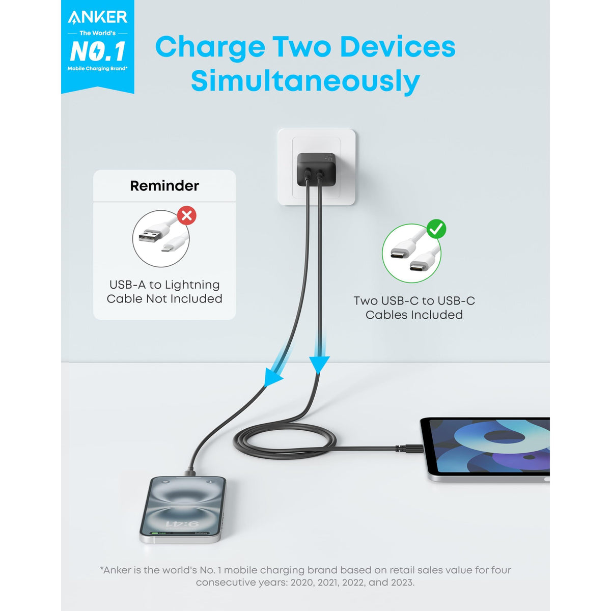 Anker iPhone 16 Charger, 2-Pack 20W Fast USB C Charger Block, for iPhone 16/16 Pro Max/15 Series/iPad Pro and More (Black, 2 Pack & 2 Cable)
