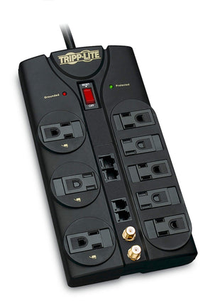 Tripp Lite 8 Outlet Surge Protector Power Strip, 10ft Cord, Right-Angle Plug, Tel/Modem/Coax/Ethernet Protection, RJ11, RJ45, & $250,000 INSURANCE (TLP810NET) Grey