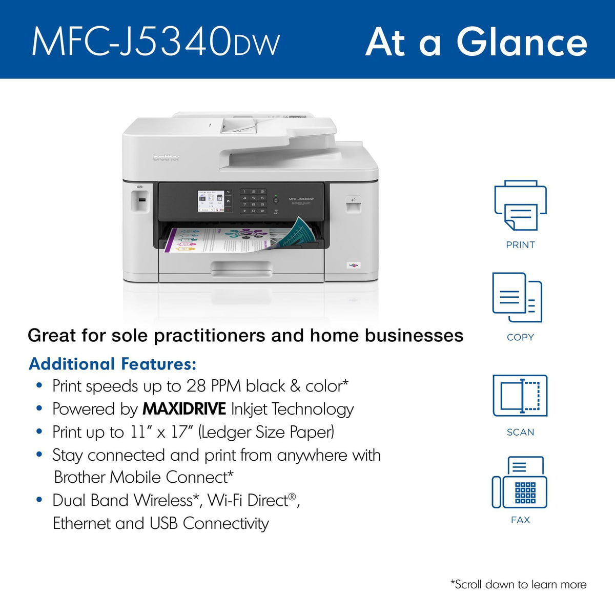 Brother MFC-J5340DW Professional Wireless Color Inkjet All-in-One Printer, 11" x 17" Ledger Printing, Fast 28ppm, Duplex, 250-Sheet Tray, Mobile & Cloud Ready, Works with Alexa