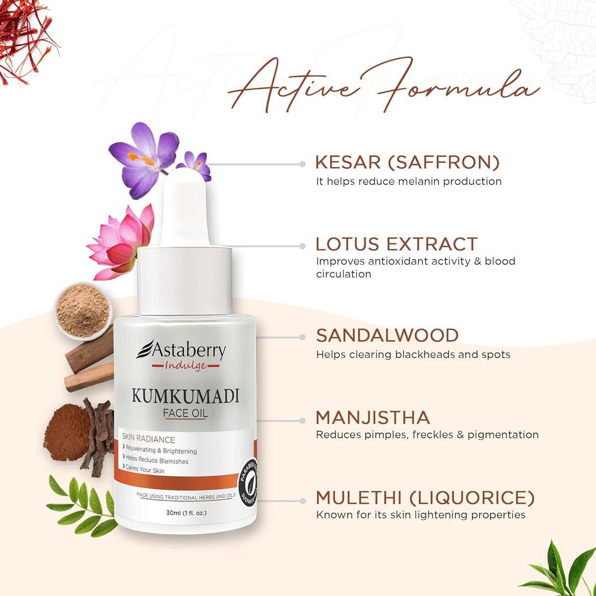 Astaberry Indulge Kumkumadi Face Oil for Glowing Skin With Saffron & Lotus Extracts For Dull Skin, Sandalwood & Mulethi For Reduces Dark Spots & Blemishes | 30 ml