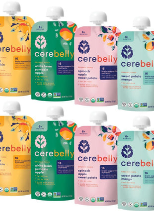 Cerebelly Organic Baby Food Pouches, Veggie & Fruit Variety Pack, DHA, 8ct | 16 Brain Nutrients, Calcium, Non-GMO, BPA-Free, No Added Sugars, Stage 1 & 2, Shelf-Stable, Nut-Free, Dairy-Free, Gluten-Free