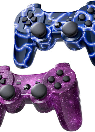 Wireless Controller for PS-3 Motion Sense Double Vibration Upgraded Gaming Remote for Play 3 with Charging Cord (Blue+Purple)