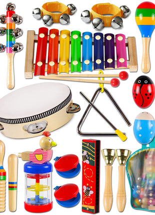 LOOIKOOS Toddler Musical Instruments,Wooden Percussion Instruments Toy for Kids Preschool Educational Musical Toys Set for Boys and Girls with Storage Bag