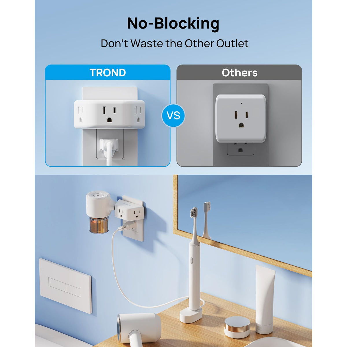 TROND Multi Plug Outlet Extender 2 Pack - Electrical Wall Splitter, 3 Way Angled Wall Outlet Adapter, Cruise Essentials, Small Multiple Plug Expander for Cruise Ship Home Office Dorm Room, White