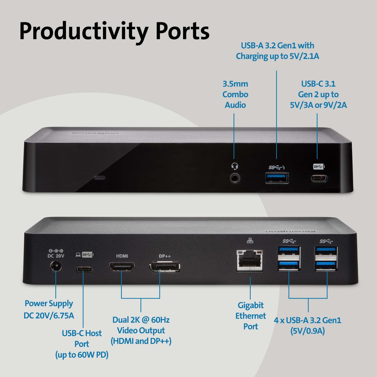 Kensington SD4700P Displaylink Docking Station – Dual Display for Any MacBook M1/M2/M3/M4 or Windows; 60W Power Delivery; TAA Compliant (K38240NA)