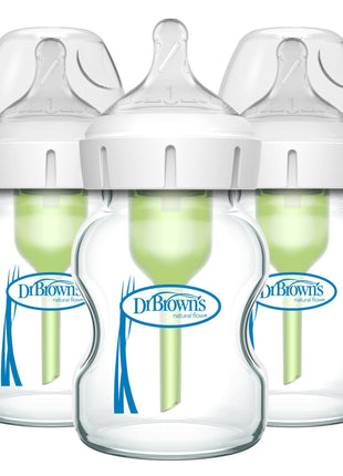 Dr. Brown's Natural Flow Anti-Colic Options+ Wide-Neck Glass Baby Bottles 5 oz/150 mL, with Level 1 Slow Flow Nipple, 3 Pack, 0m+