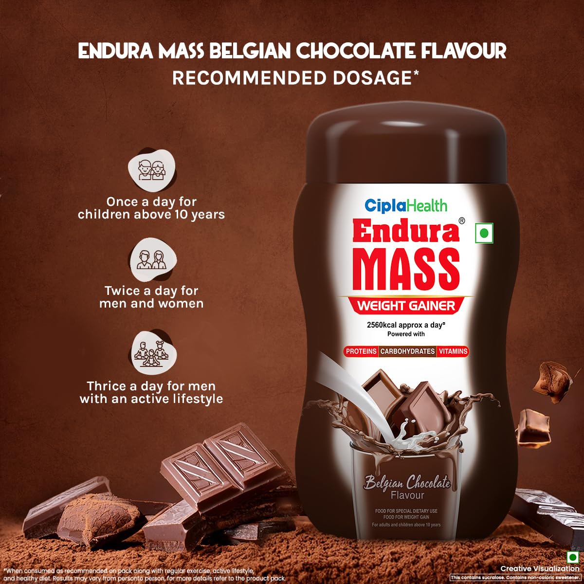 Endura Mass Weight Gainer Powder 550G Belgian Chocolate | Unique Blend Of 3 Sources Of Protein, Carbs, Vitamins & Essential Minerals | Ideal For Children Above 10 Years, Men, Women & Athletes