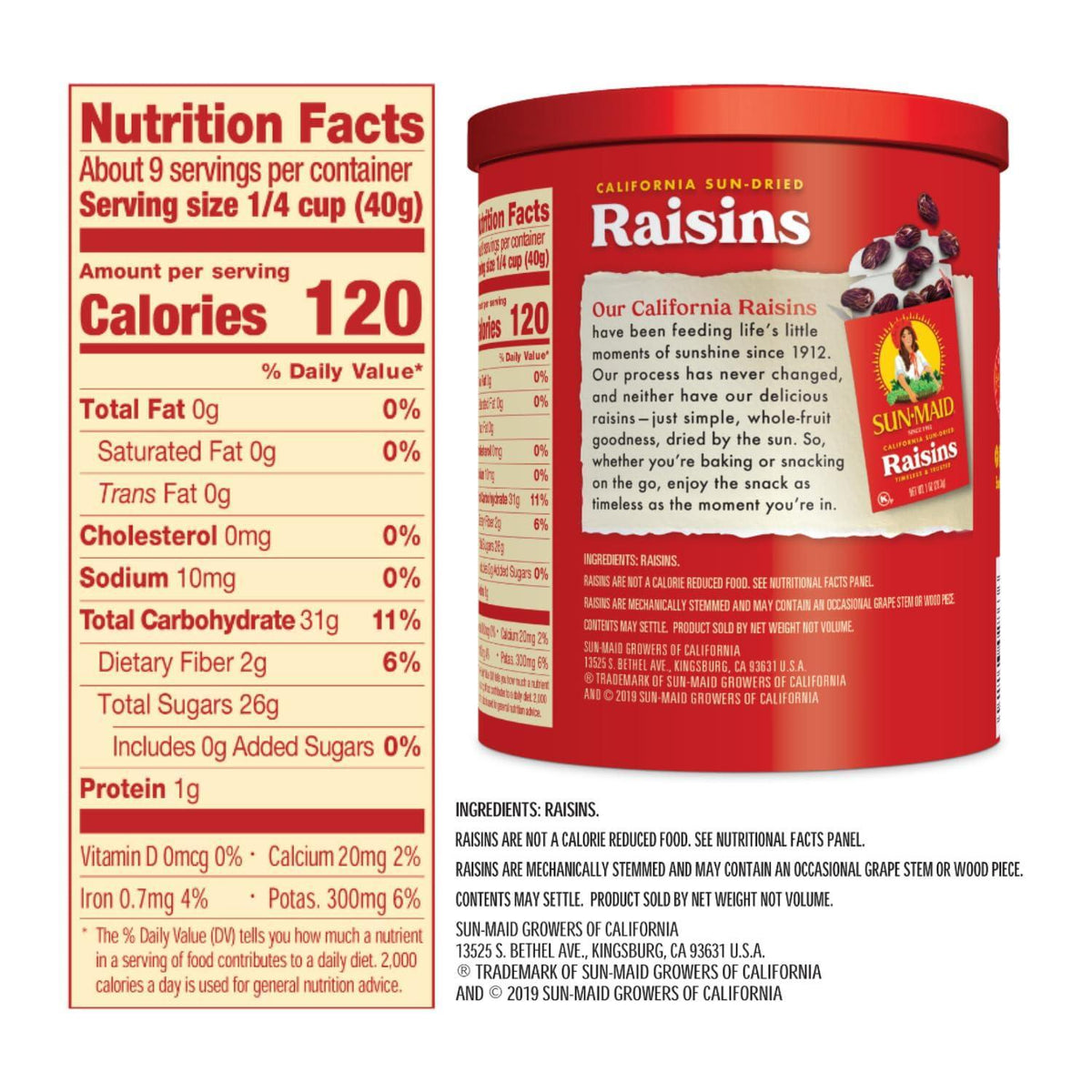 Sun-Maid California Sun-Dried Raisins - 13 oz Resealable Canister - Dried Fruit Snack for Lunches, Back to School Snacks, and Natural Sweeteners