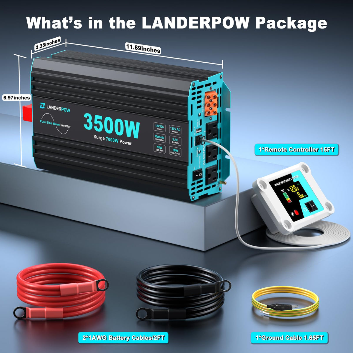 LANDERPOW Pure Sine Wave 3500W Power Inverter 12V DC to 120V AC for RV, Truck, Home, Off-Grid, Solar, Inverter with 3 AC Outlet, 30W USB-C, 5V 3.1A USB, Hardwire Port, 15FT Remote Control, Surge 7000W