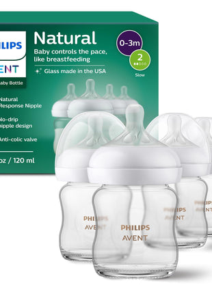 Philips Avent Natural Glass Baby Bottles with Natural Response Nipples (Slow Flow, Flow 2), 4oz, 4-Pack, SCY910/04
