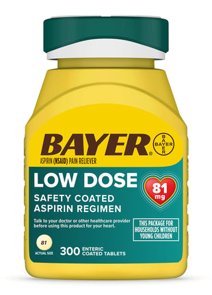 Bayer Aspirin Low Dose 81 mg, Enteric Coated Tablets, Doctor Recommended, Secondary Prevention of Cardiovascular Disease, 300 Safety Coated Tablets