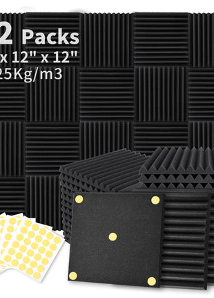 Focusound 52 Pack Acoustic Foam Panels 1 inch x 12 inch x 12 inch Sound Proof Foam Panles Soundproofing Noise Cancelling Wedge Panels for Home Office Recoding Studio with 300PCS Double-Side Adhesive