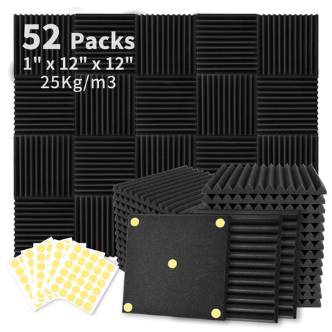 Focusound 52 Pack Acoustic Foam Panels 1 inch x 12 inch x 12 inch Sound Proof Foam Panles Soundproofing Noise Cancelling Wedge Panels for Home Office Recoding Studio with 300PCS Double-Side Adhesive