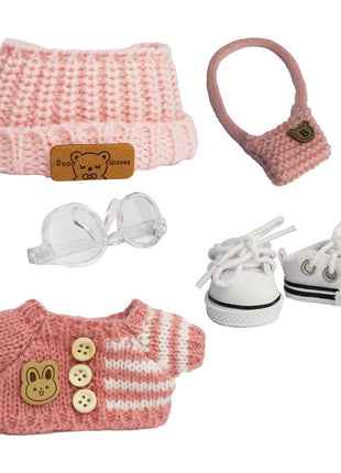 5-Pcs Handmade Crochet Doll Clothes for 15-17cm Plushies, Aesthetic Pink Knitted Set with Bear Velvet Hat, Canvas Shoes & Bag - Soft Dress-up Gear for Art Figures, Idol & Cotton Styles (No Doll)
